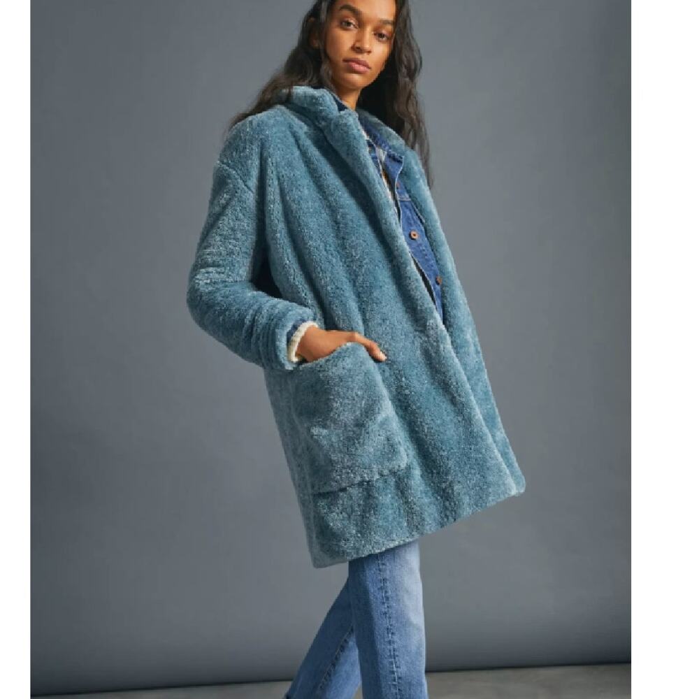 Anthropologie Maeve Lisanne Faux Fur Coat Slate Blue Medium Petite Teddy $178